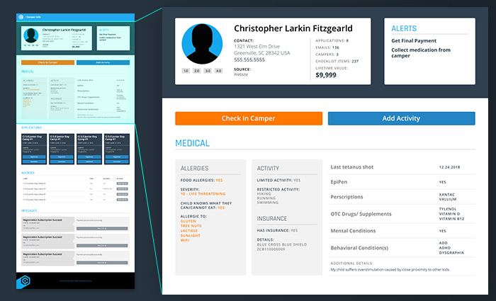 Camper details screen highlighting the medical info and alerts