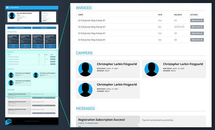 Account Overview screen showing invoices and camper cards